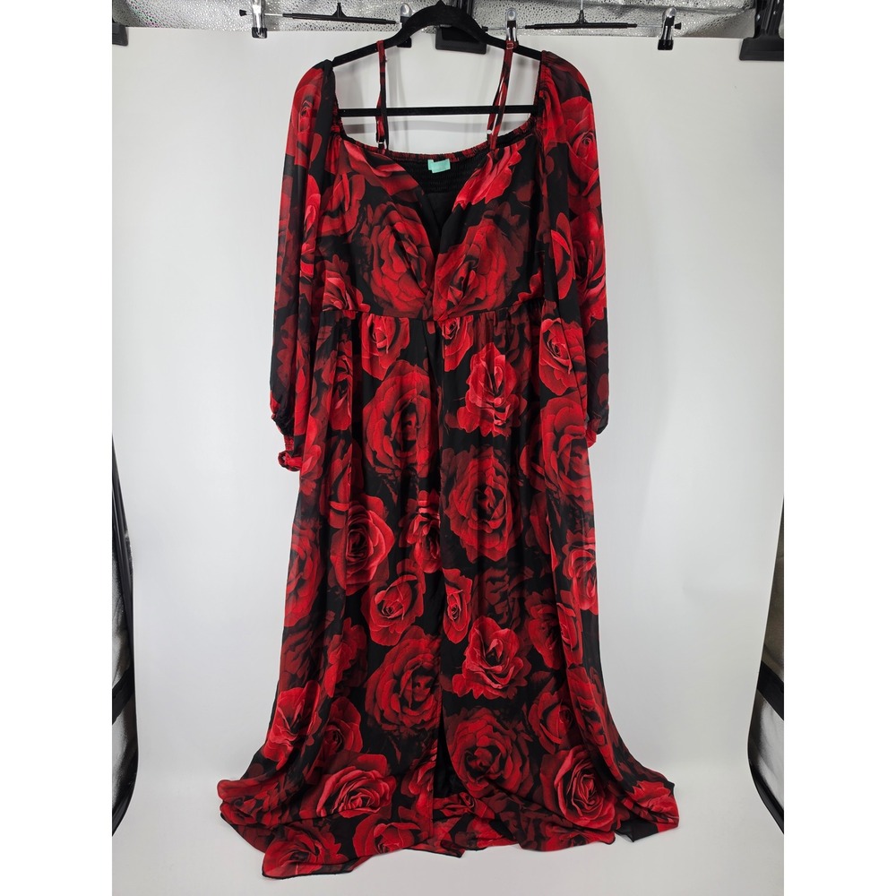 Toleen Red Rose Floral Maxi Dress Plus 3XL Cold Shoulder Long Sleeve Smocked